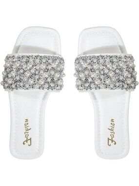 🆕 Women's White Pearl Rhinestone Slide Sandals Open Toe Flat Slippers Shoes